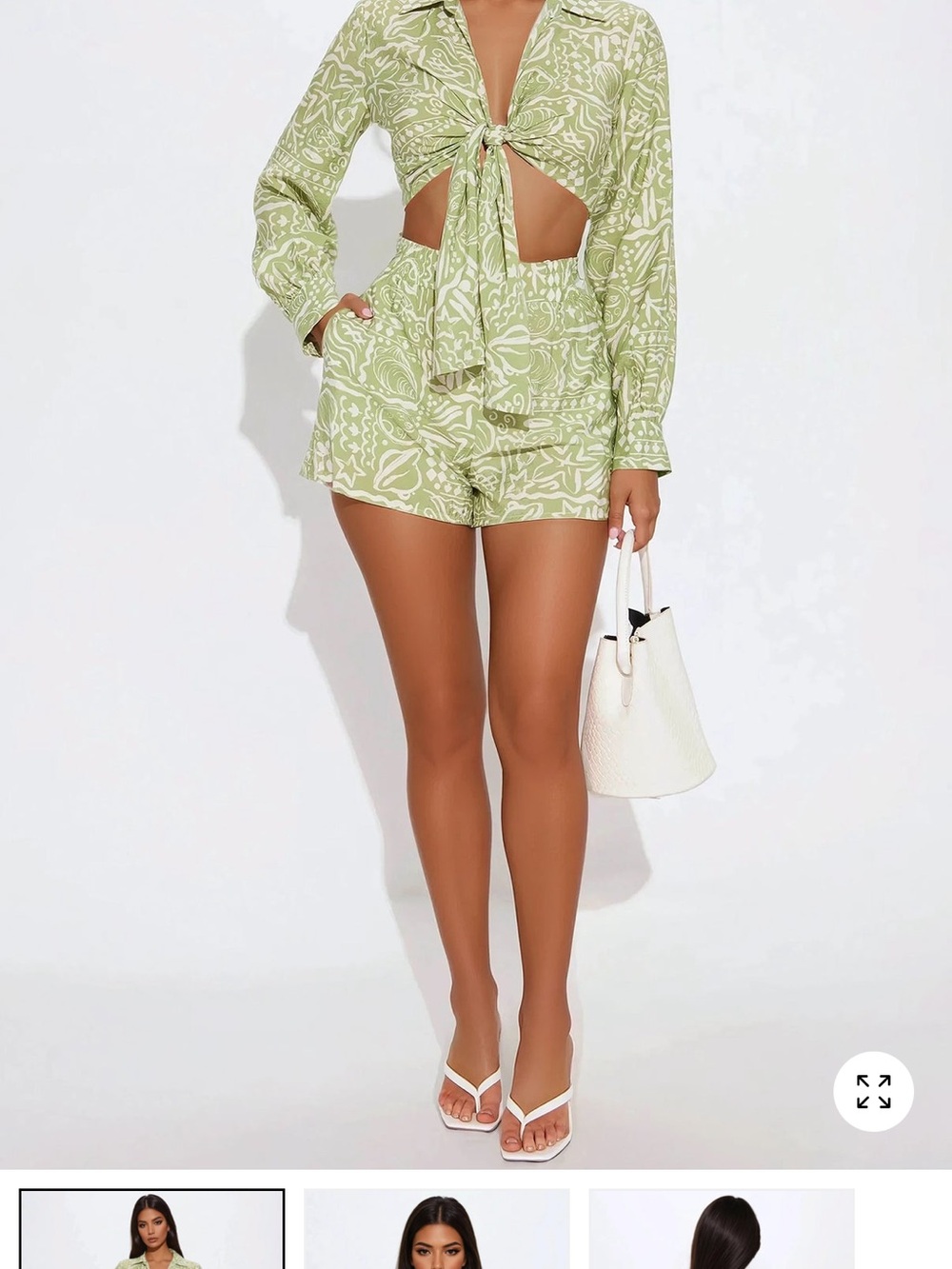 Fashion Nova Light Green Printed Tie-Front Top and Shorts Set